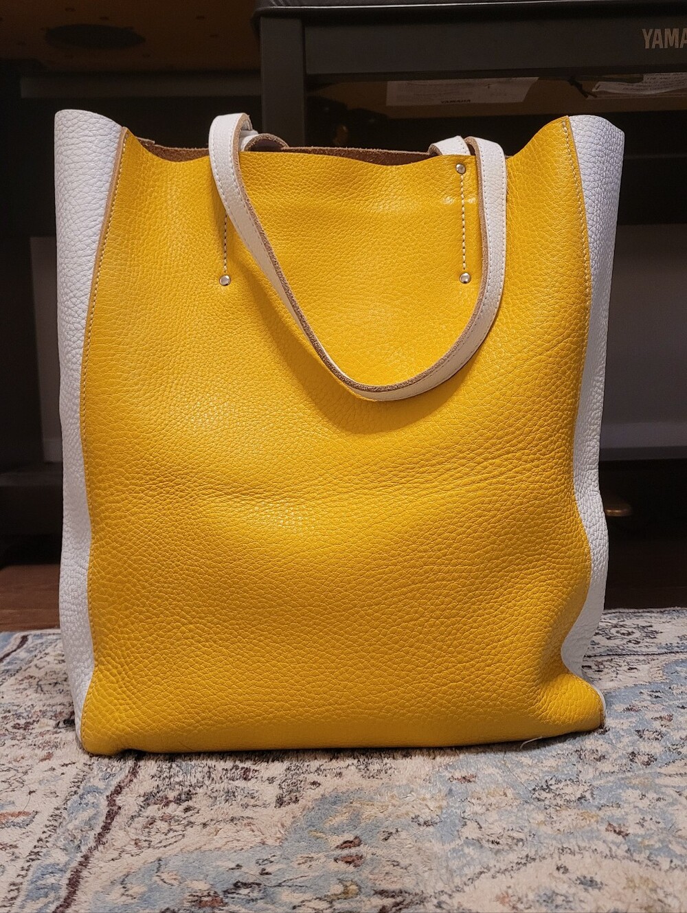 NWOT Roots French leather tote, Yellow/white - Picture 2 of 10